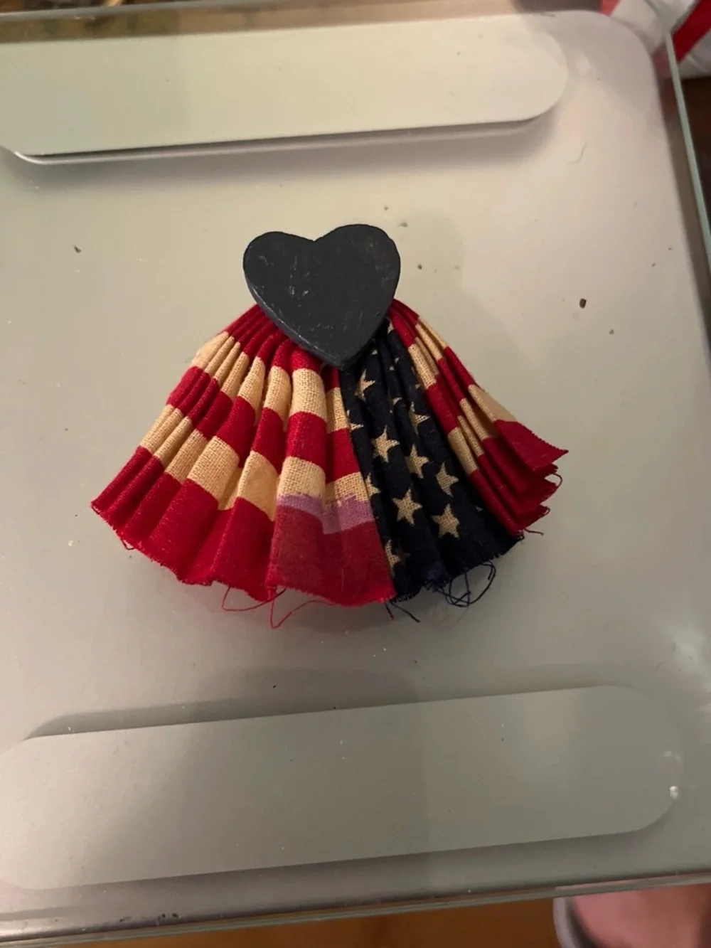 Patriotic Red White Blue Fabric Tassel Pin with Heart Accent. Handmade 1765